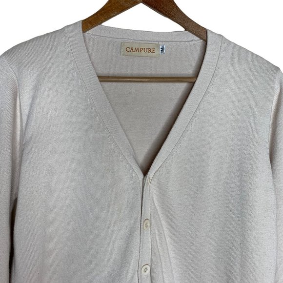 Campure V-Neck Cardigan Cream Button Front Pockets 100% Cotton Long Sleeve Med - Picture 3 of 8